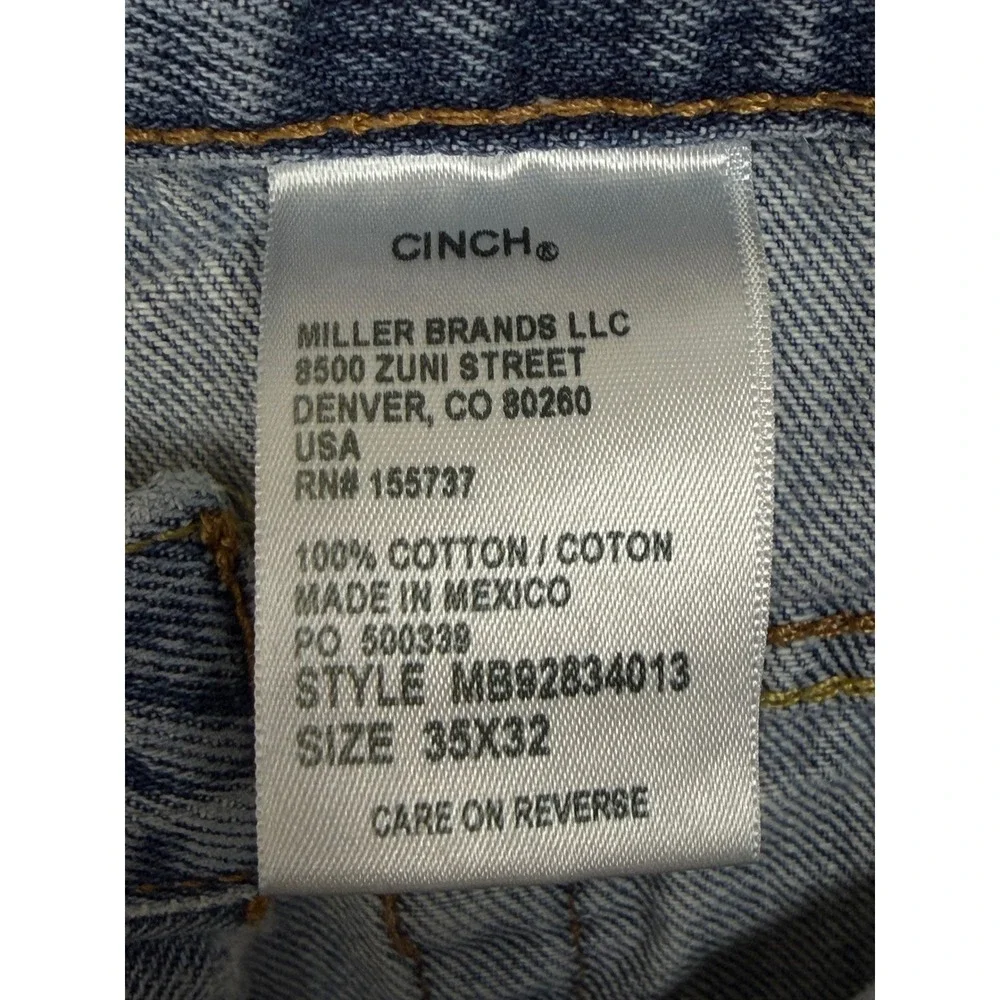 Cinch White Label Men's 100% Cotton Jeans 35x32 Blue Straight Leg Medium Wash